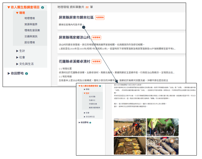 透過「調查成果瀏覽」，使用者可經由環境、生計、社會、文化與生活等多種索選項，綜覽第一手的農村社會文化調查報告。