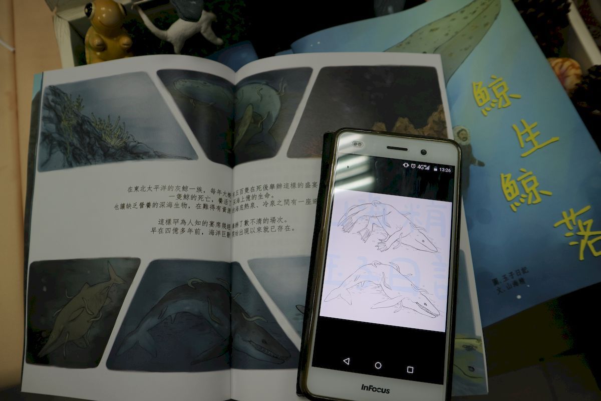 《鯨生鯨落》一開始以古鯨（上）為主角，後才修正為死後會掉落於深海的原始鯨魚（下）。
