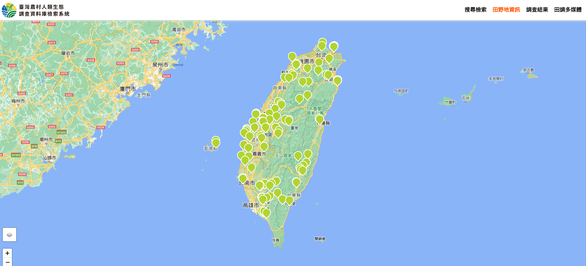 「地圖瀏覽」以GIS地圖呈現103個田野調查地點，並介接約29地點圖層服務（村里界圖、百年歷史地圖等），以利田調人員透過古今地圖的對照發掘歷史變遷。