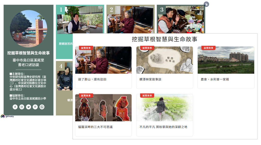 分項計畫二（臺史所）指導臺中市烏日區溪尾國小教師採訪5位當地耆老，完成口述史，再由分項計畫三（本中心）與教師們合作，將口述史轉譯為5個數位展覽。